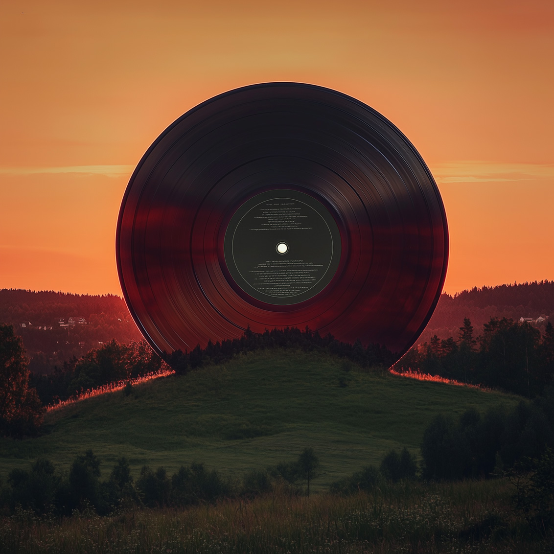 En enorm vinylskiva vid en solnedgång.