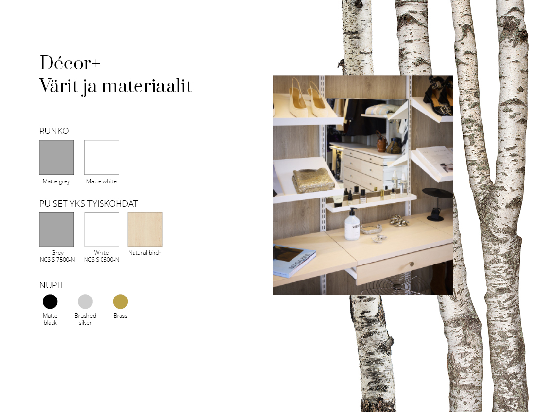 Décor+:n värien ja materiaalien valikoiman yleiskatsaus.