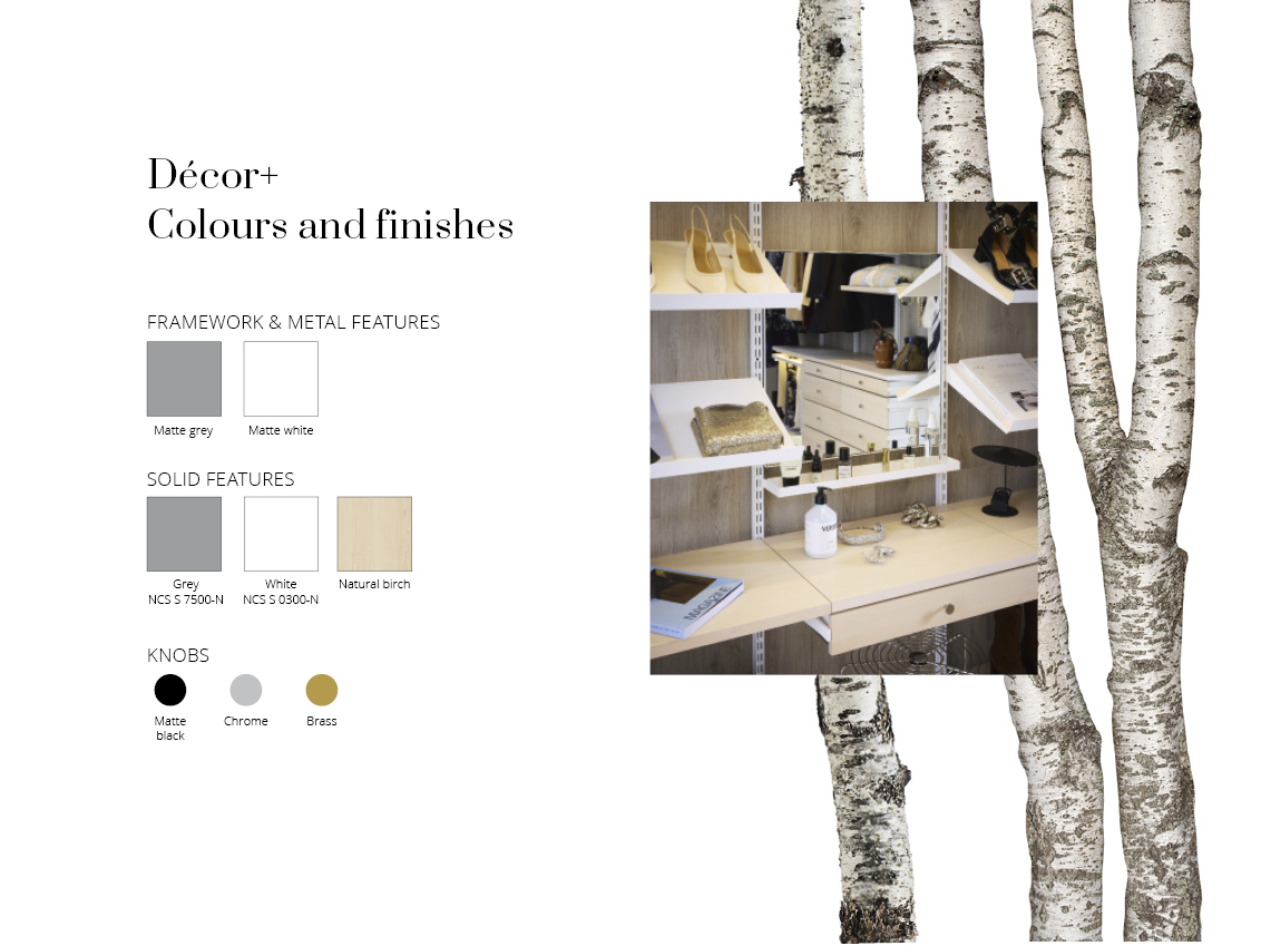 Resumen del surtido de colores y materiales de Décor+.