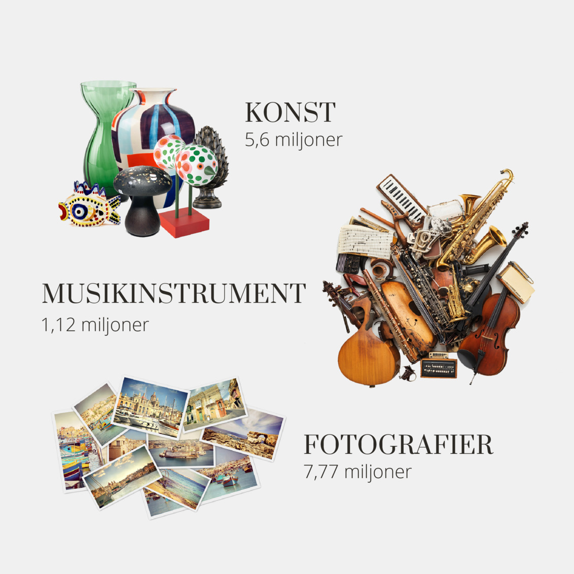 Kulturella skatter och samlarföremål såsom konstverk, musikinstrument och fotografier