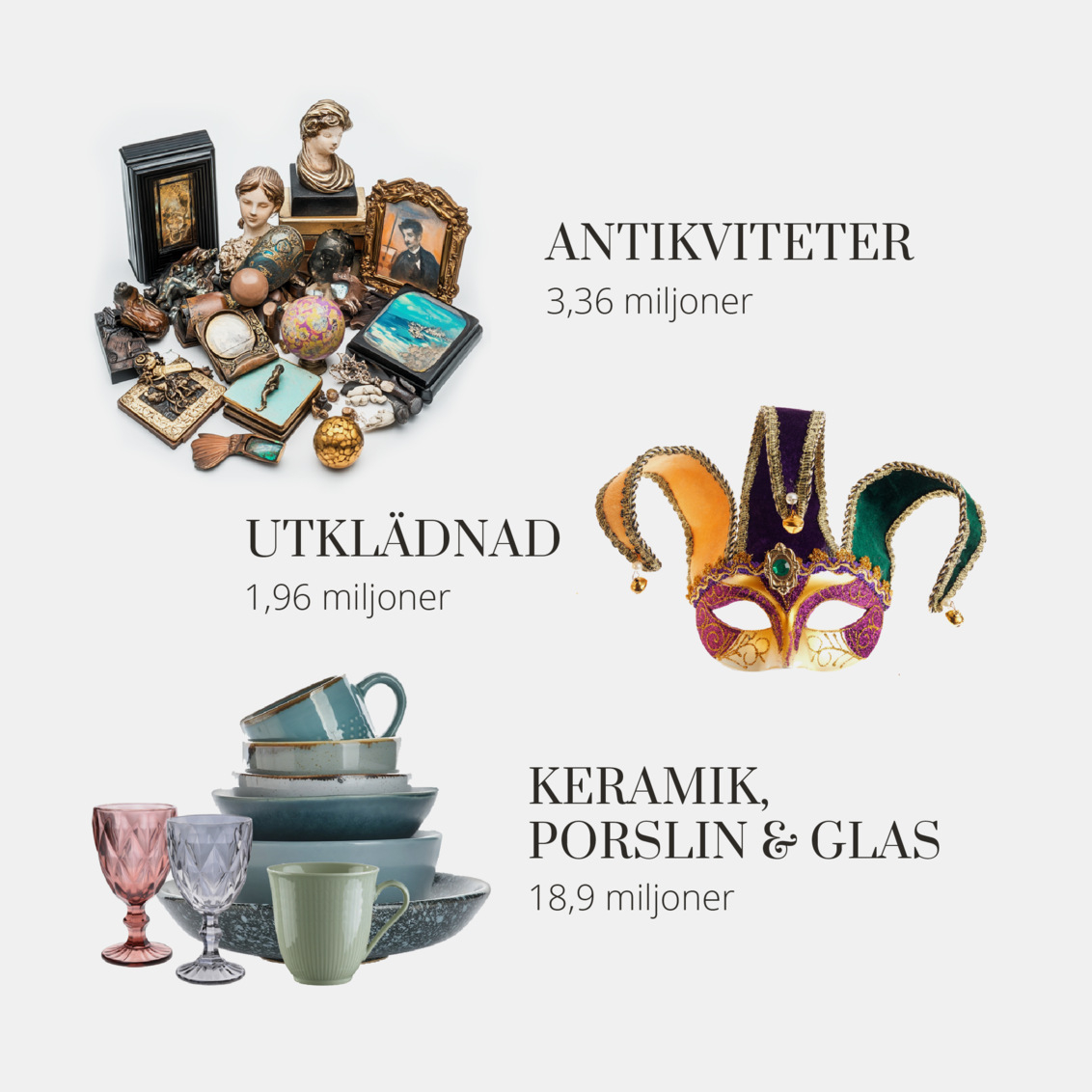 spara Antikviteter, utklädnader, keramik, porslin och glas