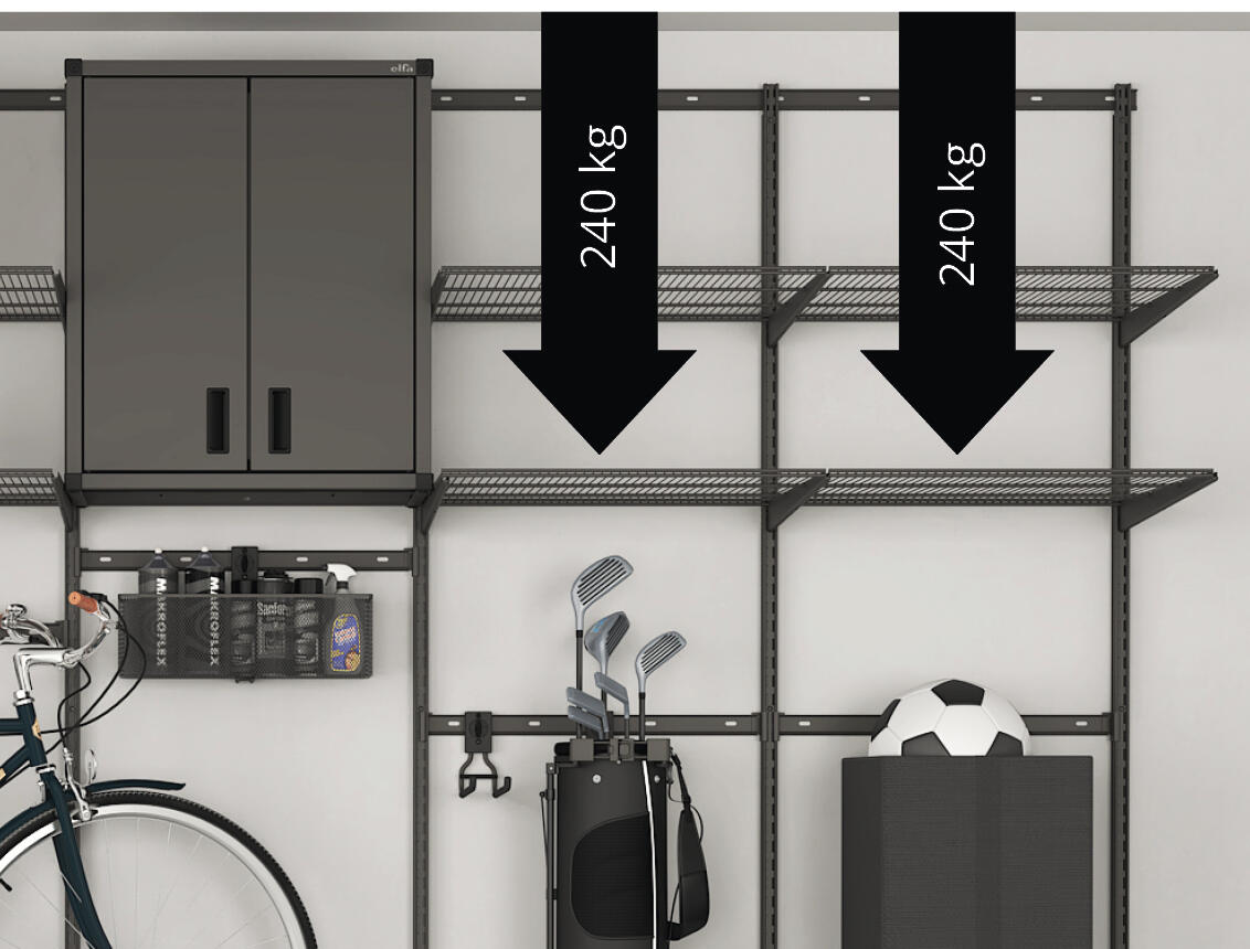 El peso máximo del Garage+ de Elfa es de 240 kg.