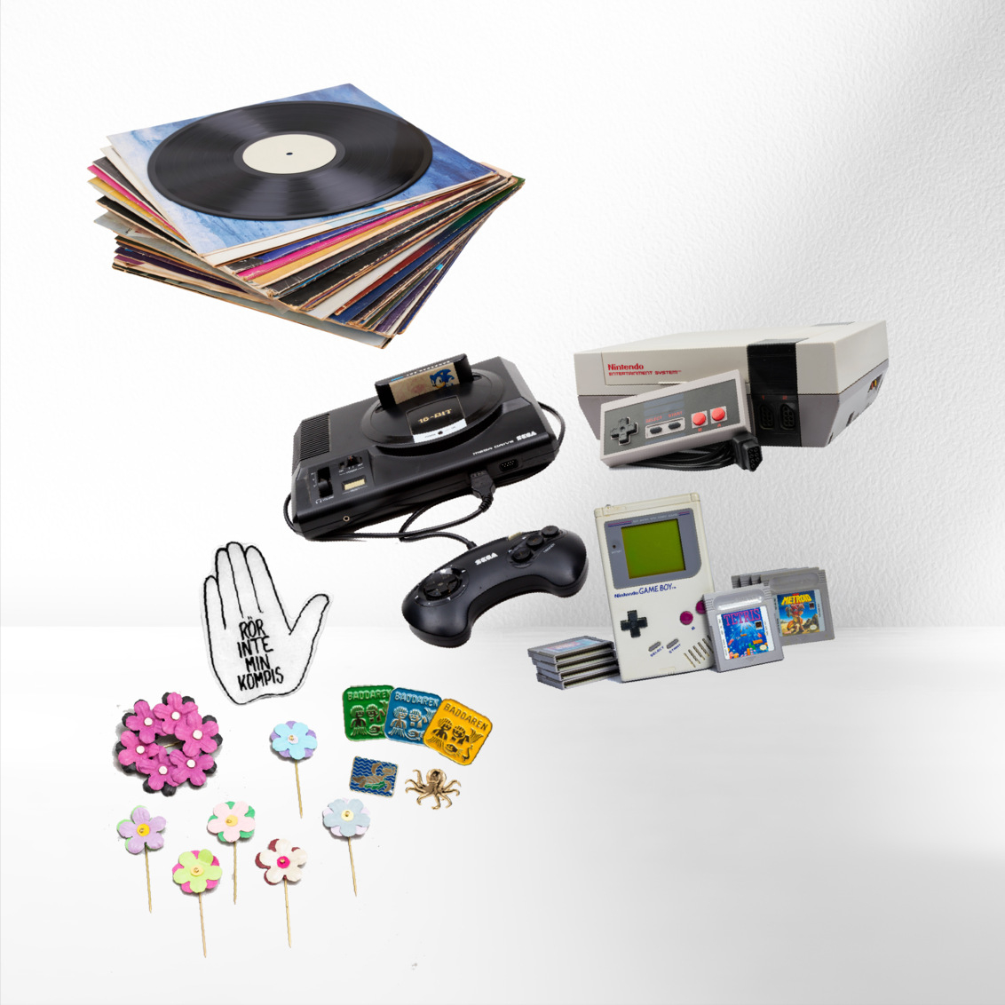 Samlinger af vinyler, spilcontrollere og blomsternåle.