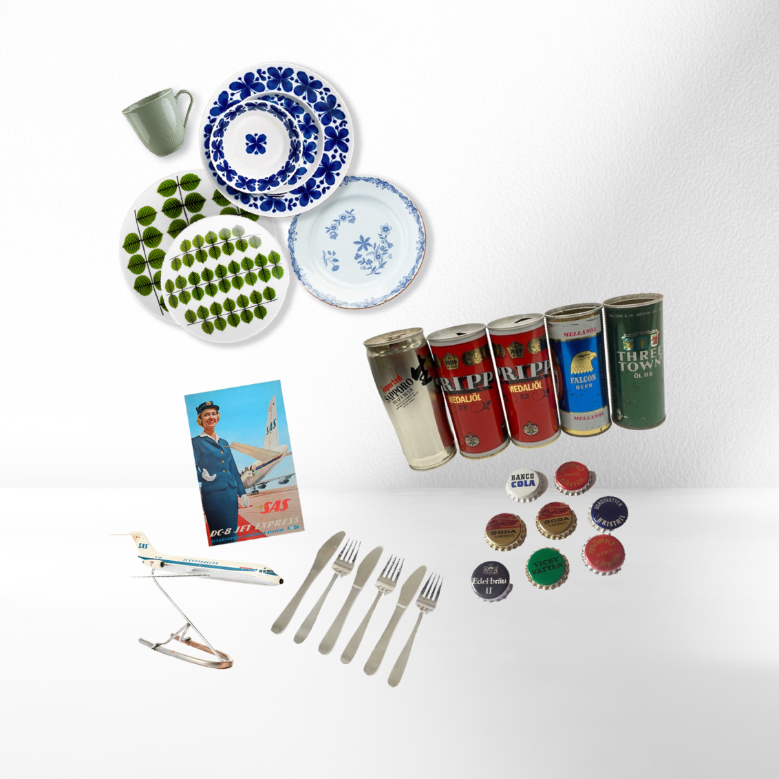 Kollektioner af porcelæn, bestik og dåser.