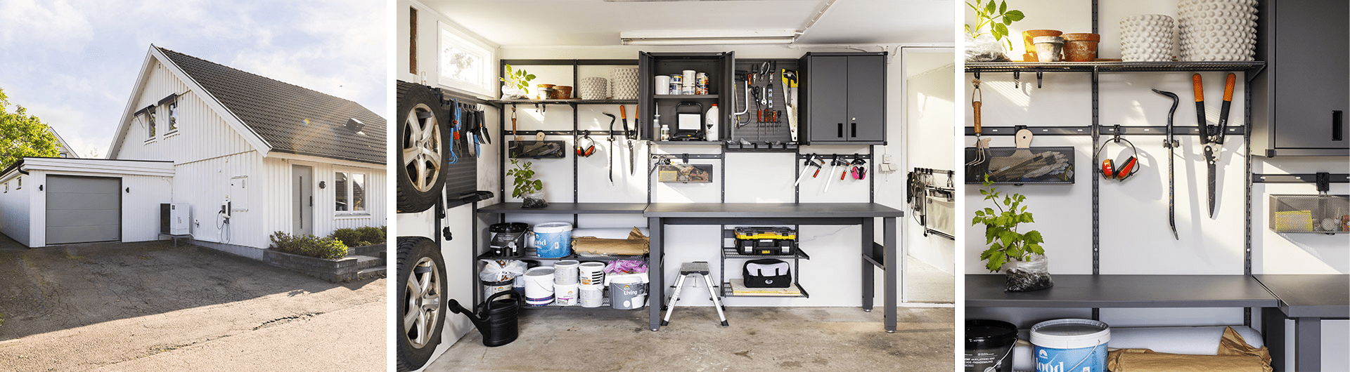 Garage with Garage+ storage from Elfa with wire shelves, storage track, cabinet and workbench for storing tools.
