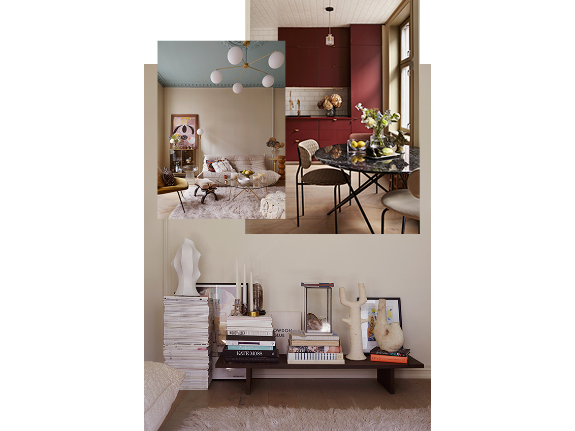 Kollaasi, jossa on kuvia Carolinen asunnosta, olohuoneesta ja keittiöstä.