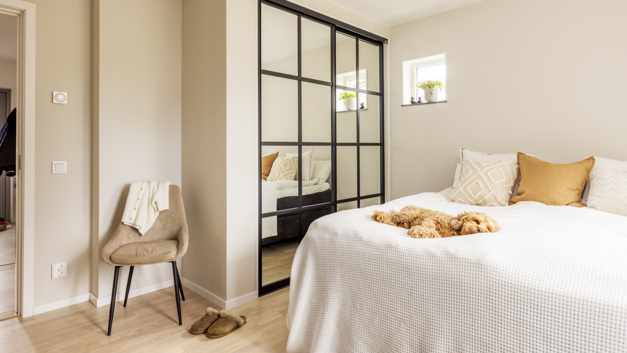 Sovrum där en hund sover på sängen vid en garderob från Elfa som har skjutdörrarna Artic med spegelfyllning.