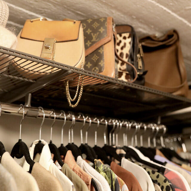 Elfa wardrobe with handbag storage and clothes rail