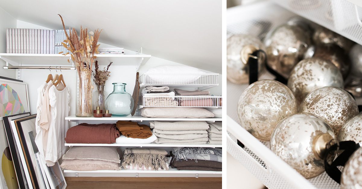 Classic by Elfa oppbevaring på loftet der det oppbevares bilder, klær, dyner og julepynt.