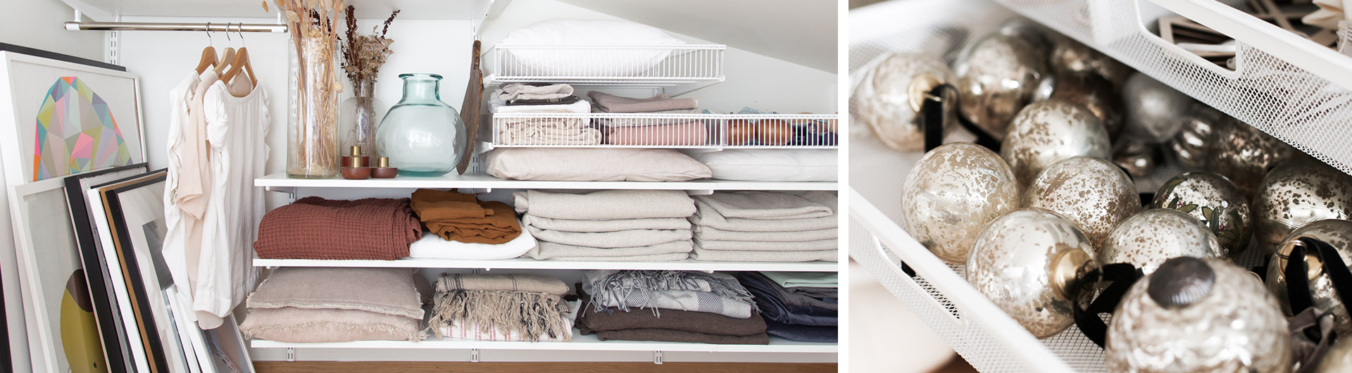 Classic by Elfa oppbevaring på loftet der det oppbevares bilder, klær, dyner og julepynt.