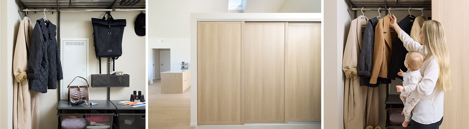 Eteinen, jossa on Elfa-vaatekaappi ja Grace-liukuovet, joiden täyte on vaaleaa tammea.