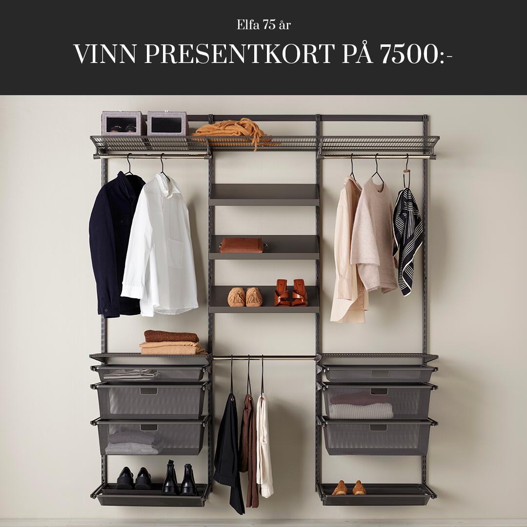Elfa grafitt garderobesystem med klær og tilbehør