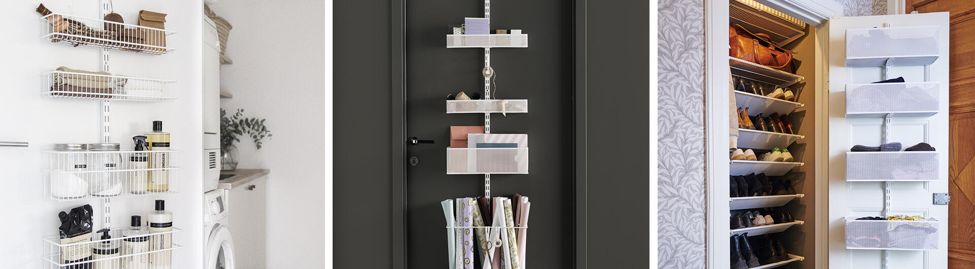 Classic by Elfa -ovisäilytyskaluste, valkoinen, verkkokorit ja lankakorit.