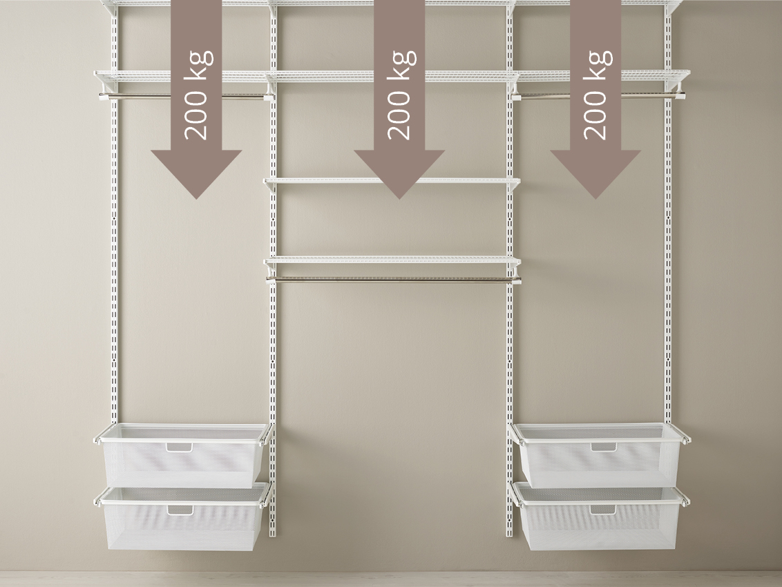 Biała szafa Classic by Elfa z beżowymi strzałkami i napisem „200kg”.