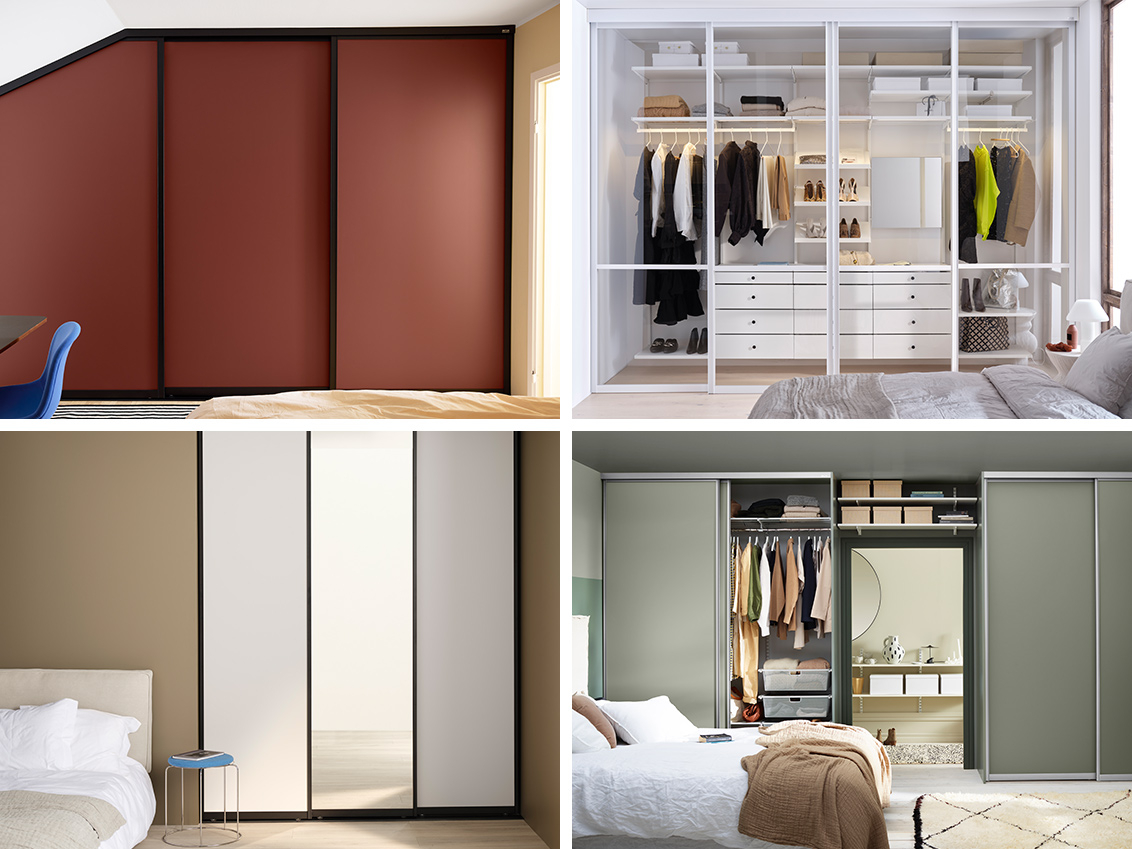 Sovrum med skjutdörrar från Elfa i olika modeller, material och färger.