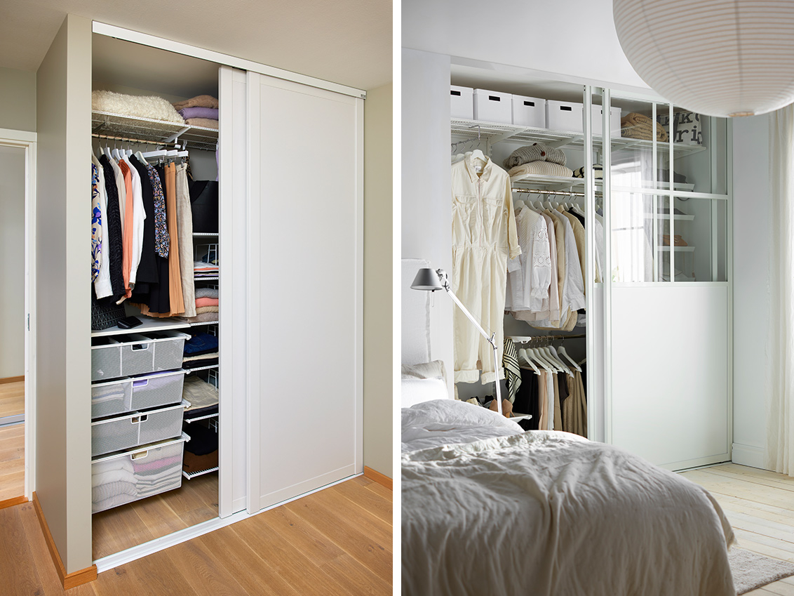 Sovrum med skjutdörrarna Grace och Artic i vitt från Elfa.