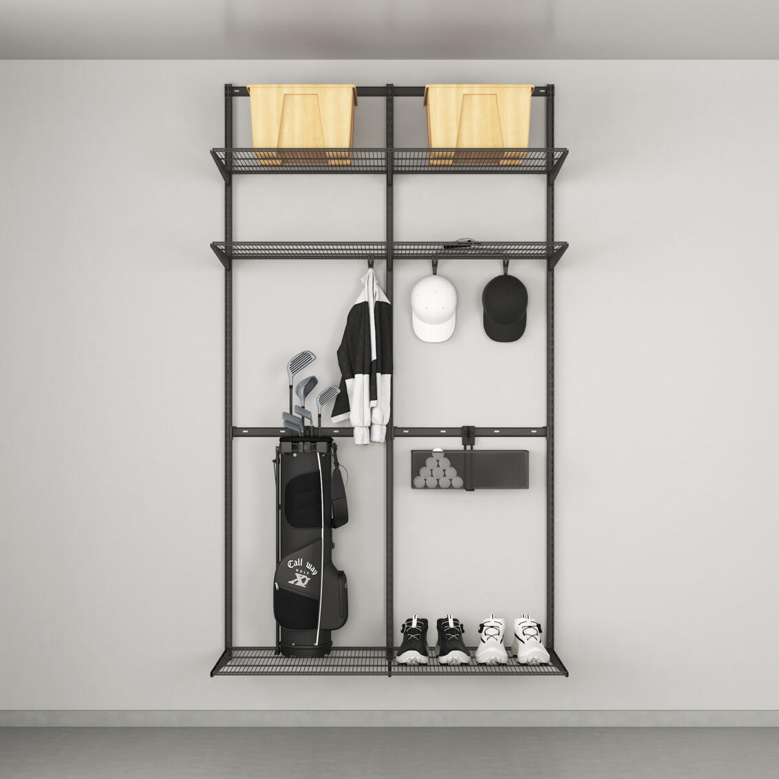 Säilytysehdotuksia golfvarusteille.